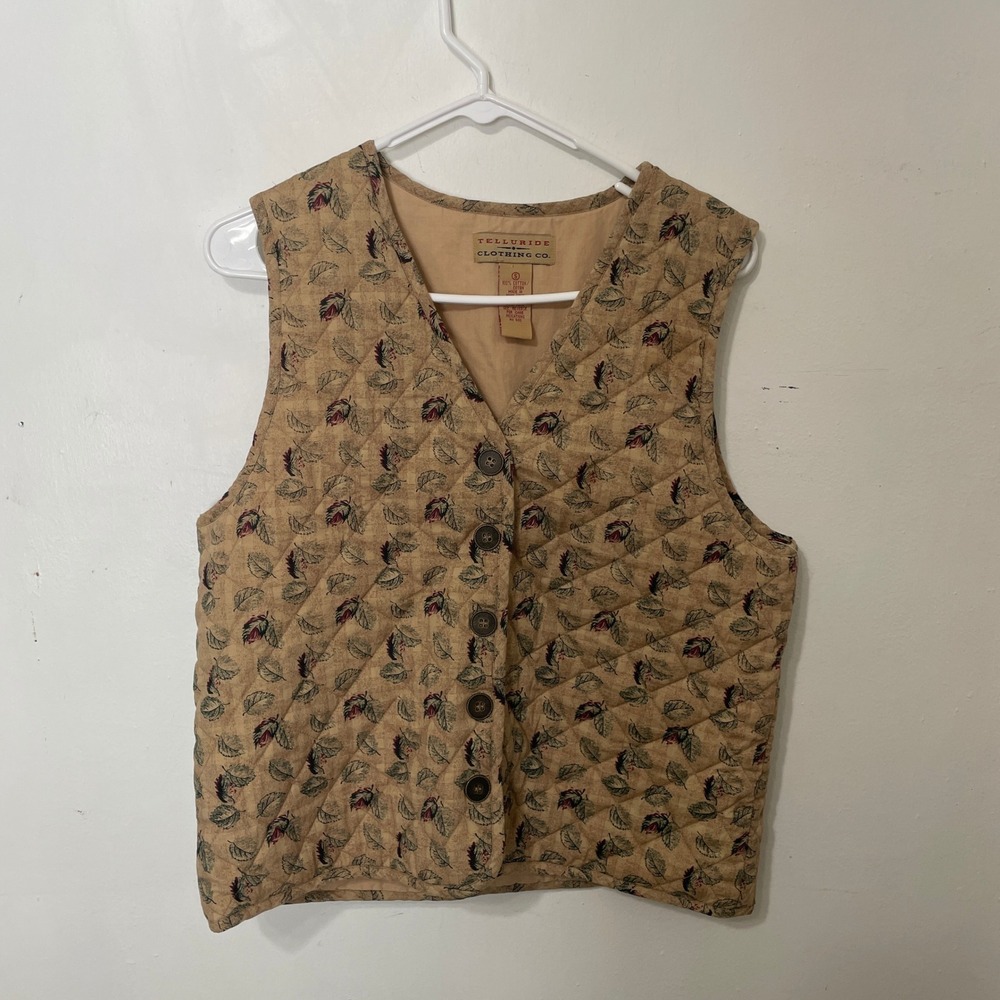 Telluride Clothing Co Tan Quilted Leaf Print Cotton Vest Women Small Grandmacore
